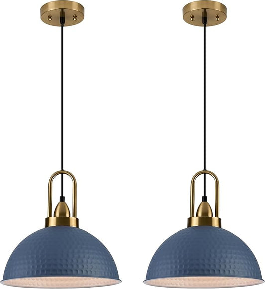 Blue Pendant Lights Kitchen Island Industrial Adjustable Height Vintage Dome Hanging Light Fixtures for Barn, Dining Room 2 Packs