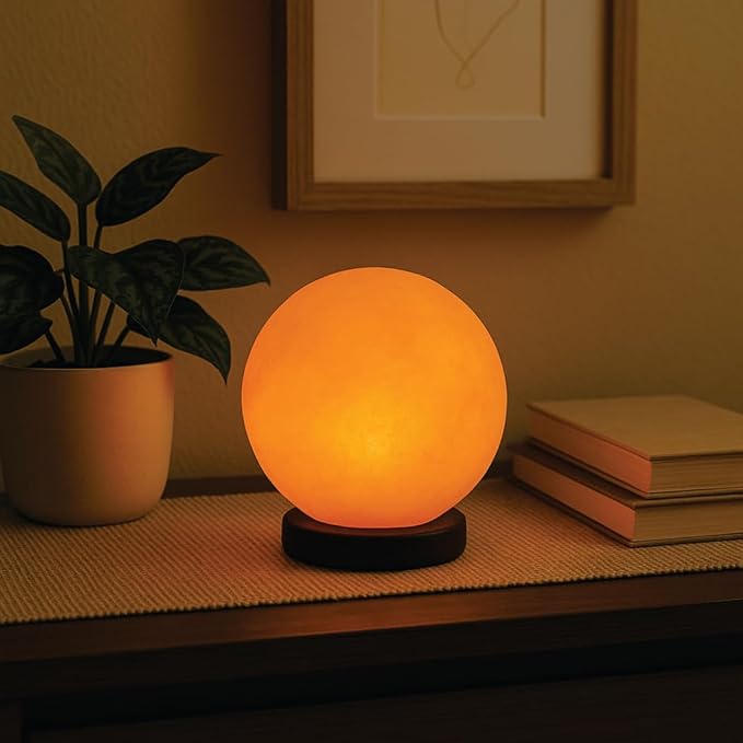 Himalayan Salt Lamp Globe – 5-Inch Hand-Carved Crystal Rock Sphere Moon with Wooden Base & UL-Listed Dimmer Cord – Warm Ambient Light for Bedroom, Office, Home Décor, Gift Ready
