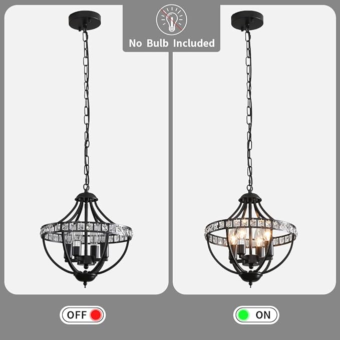 Crystal Chandelier Light Fixtures, 4-Lights Farmhouse Rustic Vintage Black Pendant Hanging Lighting Ceiling Chandeliers for Kitchen Island Dining Room Living Room Bedroom Foyer Hallway