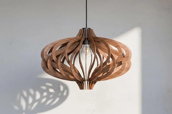Wood Pendant Light – Scandinavian Geometric Wooden Ceiling Light, Modern Chandelier for Kitchen Island & Dining Room, Adjustable Hanging Lamp, Natural Finish, E26 Base