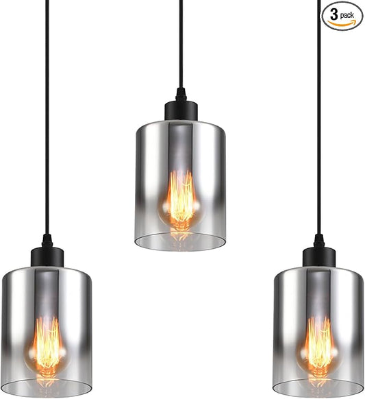 3-Pack Silver Gradient Industrial Pendant Lighting, Modern Black Glass Shade Farmhouse Adjustable Hanging Light Fixtures for Kitchen Island Living Room Bedroom Hallway