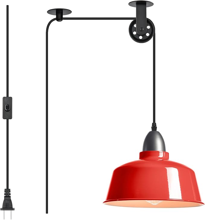 Plug in Pendant Light, Red Farmhouse Hanging Lights with Plug in Cord, Pulley Hanging Lamp, Industrial Pendant Lights Fixture for Kitchen Island, Bedroom, Dining Room, Living Room, Office