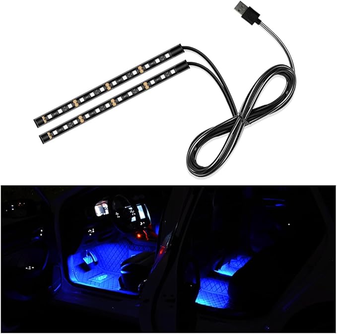 Car LED Strip Light, 24 LED Auto Interior Under Dash Atmosphere Lights with USB Port, Vehicle Decor Lamp Ambient Night Light Strip Lighting Kit, Universal Car Accessories (Blue)