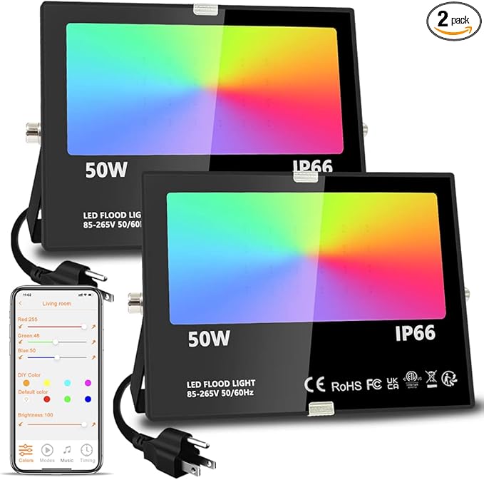 MELPO LED Flood Light Outdoor, 500W Equivalent 5000LM Smart RGB Landscape Lighting with APP Control, DIY Scenes - Timing - Warm White 2700K - Color Changing Uplight, IP66 Waterproof US Plug (2 Pack)