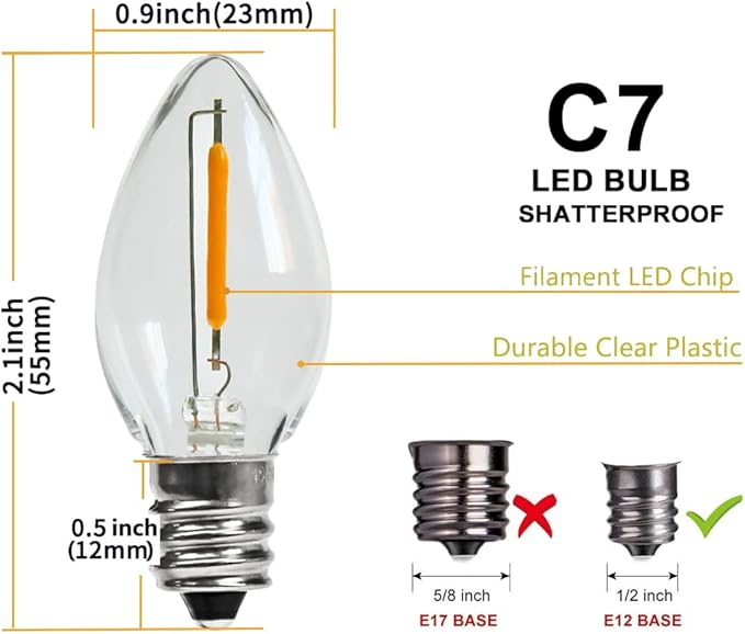 KGC C7 Christmas Replacement LED Light Bulbs - 0.6W Equivalent to 7W, Warm White 2200K, Waterproof Clear Plastic Night Light Bulbs, C7 E12 Candelabra Base for Christmas String Light (25 Pack)