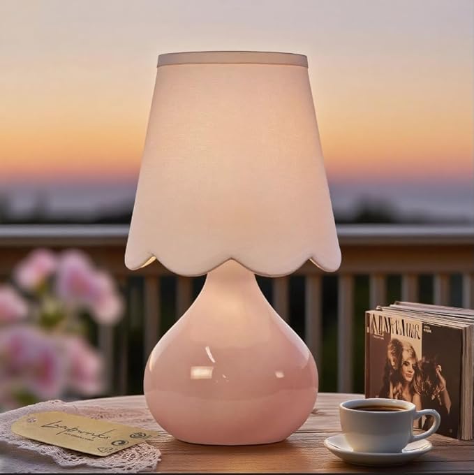 14''H Cordless LED Ambient Table Lamp, Rechargeable Ceramic Bedside Lamp with 3-Level Dimmable Soft Lighting, Linen Shade, Cozy Room Decor for Teens (Pink)