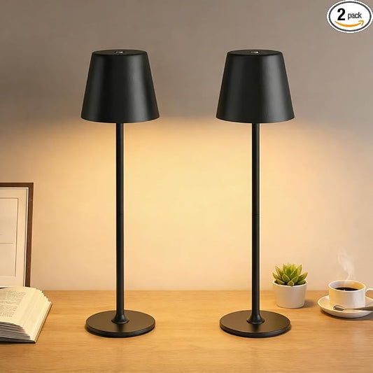 2-Pack Cordless LED Table Lamps, Touch Dimmable Bedside Night Lights, Rechargeable USB, Full Metal Body, Dual Battery, IP54 Waterproof – Black