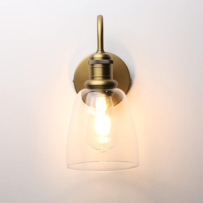 1-Light Vintage Gooseneck Wall Sconce Lamp with Cloche Clear Glass Shade, Industrial Indoor Wall Light Fixture for Bathroom Living Room Bedroom Over Kitchen Sink