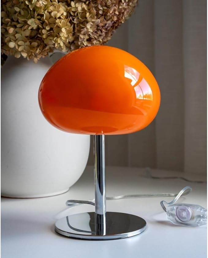 Mid Century Table Lamp, Orange Glass Mushroom Lamp, Dimmable Retro Accent Lamp, 13.5" Sculptural Vintage Style Lighting for Bedside, Shelf, Console, Warm Nostalgic Glow