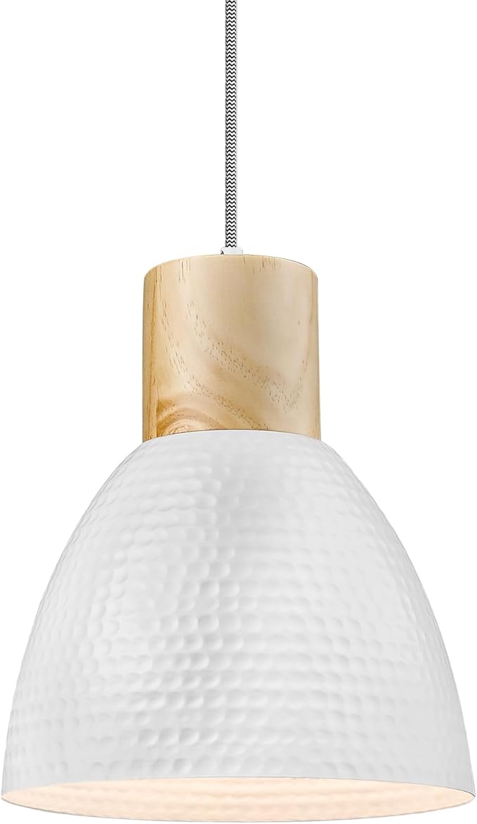 ELYONA Hammered Pendant Lights for Kitchen Island, Solid Wood Hanging Light Fixtures, Industrial Metal Pendant Light Fixtures for Bar, Dining Room, Bedroom, Office, Modern White,Small