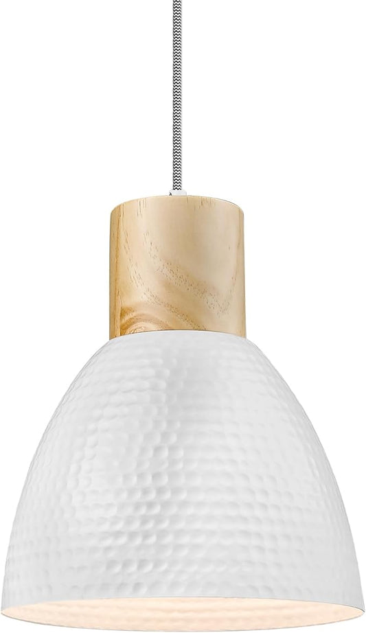 ELYONA Hammered Pendant Lights for Kitchen Island, Solid Wood Hanging Light Fixtures, Industrial Metal Pendant Light Fixtures for Bar, Dining Room, Bedroom, Office, Modern White,Small