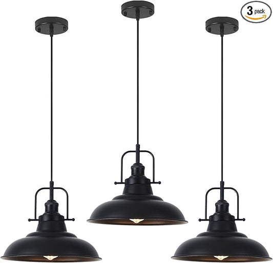 Industrial Pendant Lights 3 Packs, 12.2 Inch Black Pendant Lights Kitchen Island, Metal Pendant Lighting, Vintage Farmhouse Pendant Light for Kitchen, Living Room, Hallway