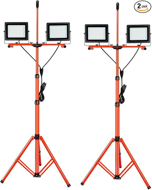LEDMO 26000 Lumen LED Work Lights on Stand Tripod,200W Bright 2 Adjustable Head Work Floodlights with Individual Switch,IP65 Waterproof Outdoor & Indoor for Job Site Workshop Security Fixture