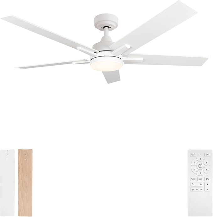 Ceiling Fans with Lights, 52 inch White Ceiling Fan with Light and Remote Control, Reversible, 3CCT, Dimmable, Noiseless, Small Ceiling Fan for Bedroom, Indoor/Outdoor Use