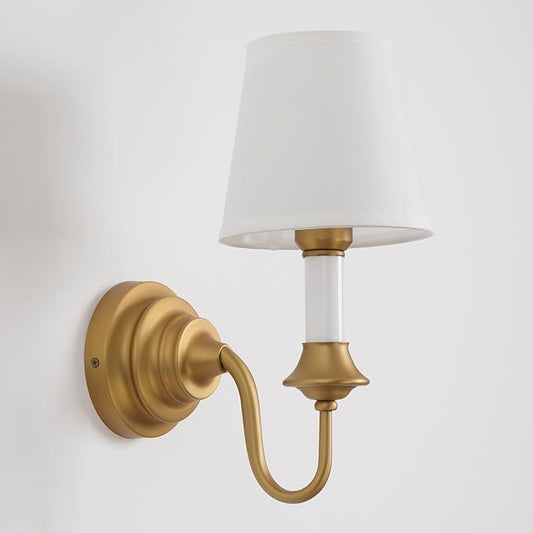 Brass Boho Fabric Wall Sconce Light with Curved Arm, Rustic Linen Cloth Wall Light Fixtures, Hardwired Brass Wall Mounted Lamp for Bathroom Vanity Bedroom Living Room