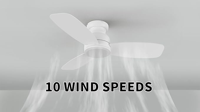 CEME 44 Inch Flush Mount Ceiling Fan without Lights, White Ceiling Fan with Remote Low Profile, 10-Speed Reversible DC Motor, 3 Dual Finish Blades, Indoor for Bedroom