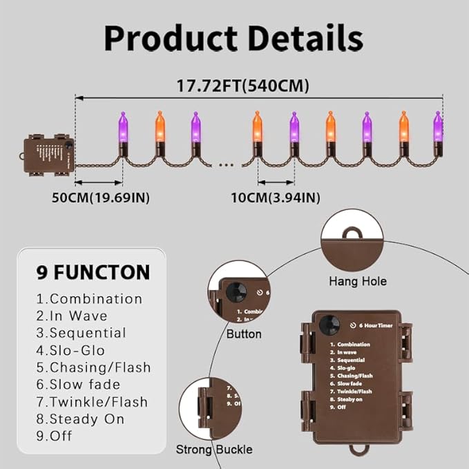 LAMPHOME 50 LED Outdoor Halloween Lights, 16 FT Mini String Light with 9 Modes & 6 Hour Timer, Waterproof Battery Operated for Indoor Outdoor Patio Garden Party Tree Decoration, Orange Purple