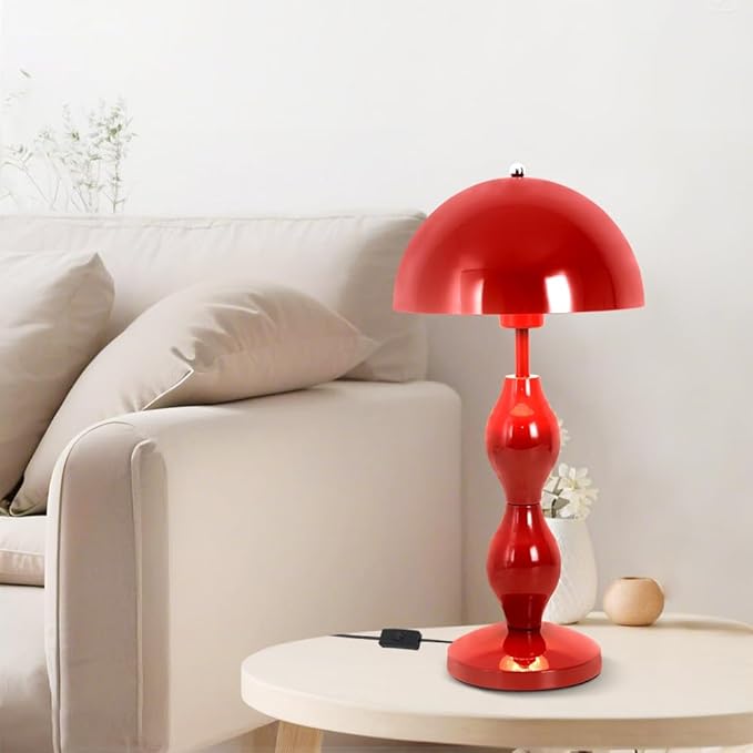 Mushroom Lamp,Red Mushroom Bedside Table Lamp for Living Room,Mid Century Vintage Table Lamps for Bedroom,Home Office Decor Desk Light,Aesthetic Nightstand Lamps,Flowerpot Desk Light,Red Iron Shade