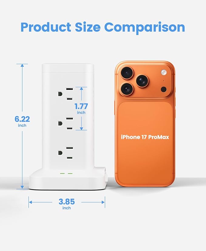 Power Strip Tower with Surge Protector 1800J, Fast Charging PD20W USB-C Ports with 12 AC Outlet Extenders, 10ft Extension Cord for Home Office Dorm Room Essentials, White