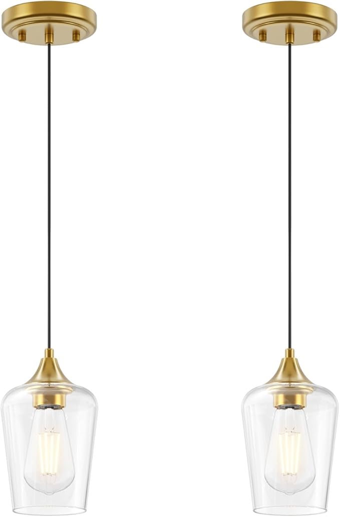 Ralbay Farmhouse Brushed Gold Pendant Light 2-Pack, Pendant Light Fixtures with Wine Clear Glass Shade, Kitchen Island Lighting for Dining Room, Rustic Adjustable Hanging Lighting Fixture