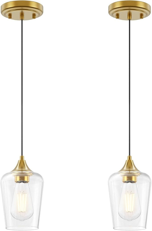 Ralbay Farmhouse Brushed Gold Pendant Light 2-Pack, Pendant Light Fixtures with Wine Clear Glass Shade, Kitchen Island Lighting for Dining Room, Rustic Adjustable Hanging Lighting Fixture