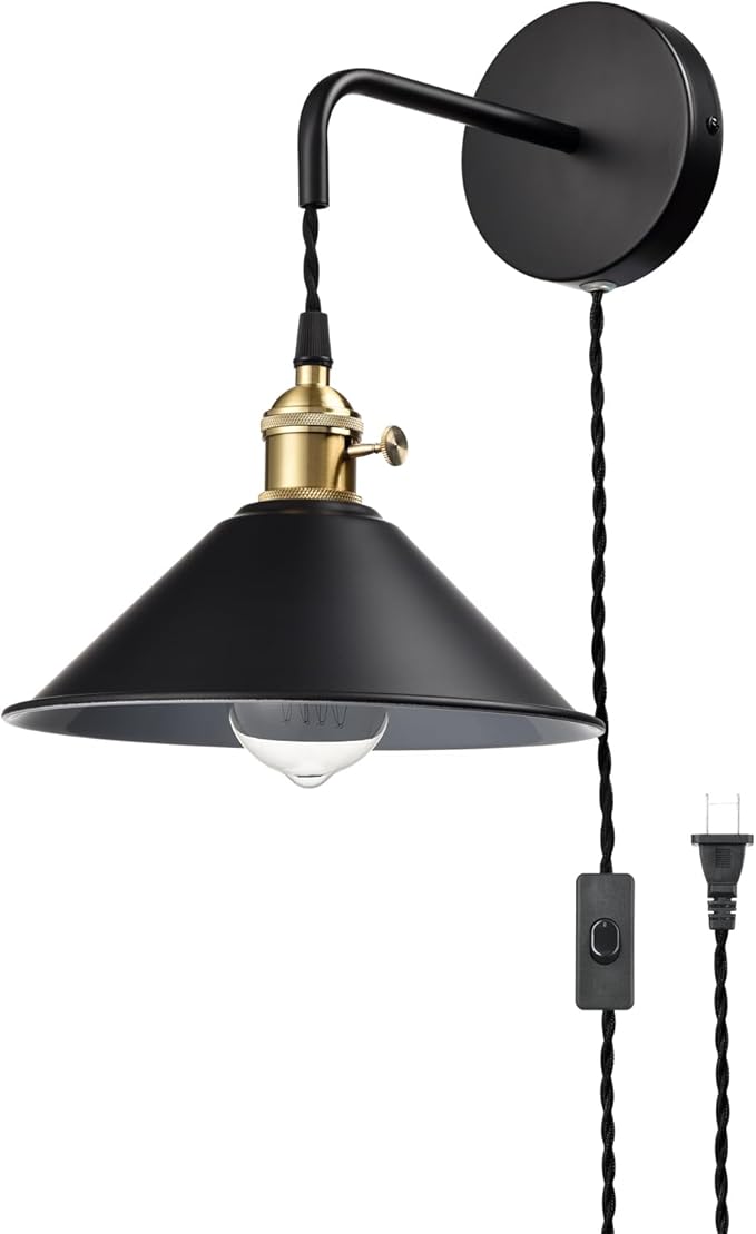 Industrial Wall Sconce 2-Pack with Hanging Height-Adjustable Black Plug-in Wall Lamp with On/Off Switch for Bedroom Bathroom Corridor Porch Patio Hallway