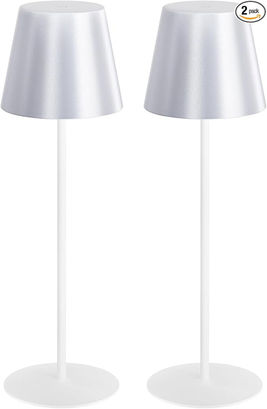 uuffoo 2 Pack Cordless Table Lamp Rechargeable 5000mAH Battery Operated Lights Touch Control LED Portable Desk Lamps 3 Color Dimming for Outdoor Coffee Bedroom Kitchen (Silver+White)
