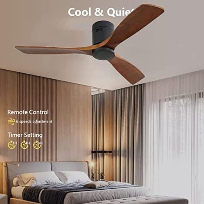 52" Low Profile Ceiling Fan with Remote,Outdoor Flushmount Ceiling Fan with 3 Wood Blade Noiseless Reversible DC Motor, For Living room Bedroom Farmhouse