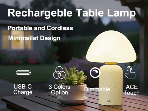 9.8 inch Mushroom Lamp, Cute Cordless Rechargeable Table Lamp with Glass Shade, 3 Color Temps LED Dimmable Ambient Lighting, Small Retro Touch Bedside Light for Decor, Resin Base.