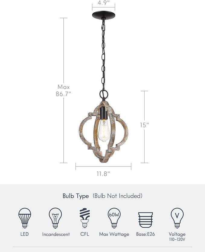 CALDION Farmhouse Pendant Lights, 2Pack Wood Dining Room Lighting Fixtures, Adjustable Height Hanging Pendant Lights for Foyer, Kitchen Island, Entryway