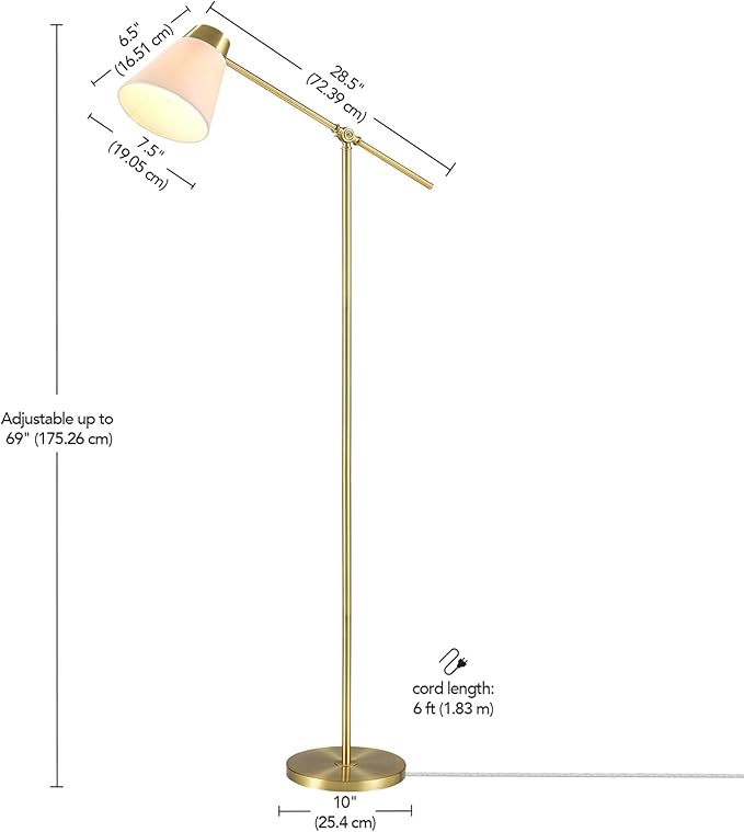 Globe Electric 69" Floor Lamp, Swing Arm, Matte Brass Plated, White Tapered Fabric Shade, On/Off Rotary Switch on Socket, 5-Foot Clear Cord, 1-Light, 40W E26/Medium Base Bulb