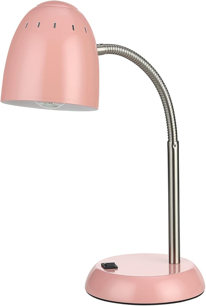 Eye-Caring Table Lamp of Simple Designs Home E26 Led Screw Basic Metal Desk Lamp with Flexible Gooseneck Hose Neck Study Lamp for Bedroom Office Living Room Convenient On/Off Switch(Pink)