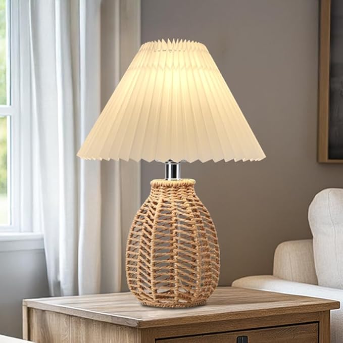 Pleated Table Lamp Wicker Woven Rattan Night Light, Modern Bedside Nightstand Lamp with White Scalloped Lampshade Rattan Metal Base, Desk Light for Bedroom Living Room Home Office Decor
