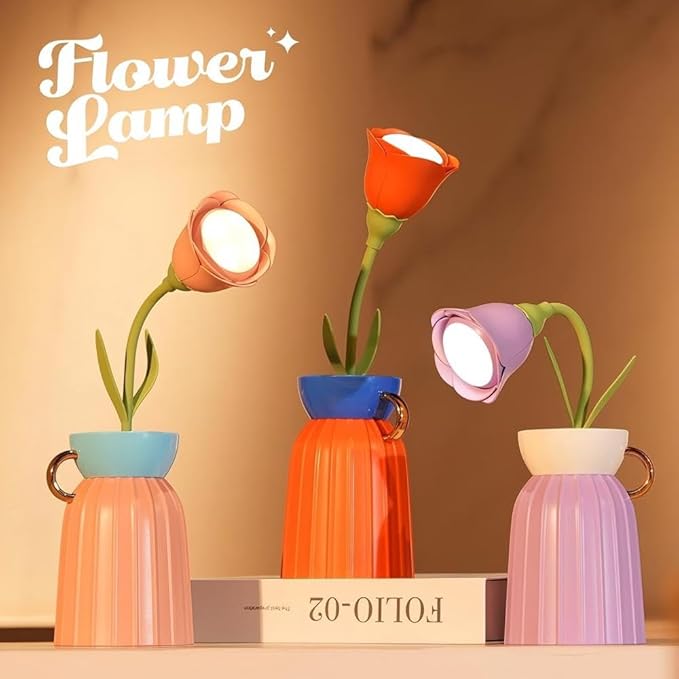 Rose Flower Desk Lamp - Infinite Dimming, Trichromatic Temperature, Rechargeable, Brightness Memory - Creative Decorative Ornaments with Adjustable Flowers (Purple)
