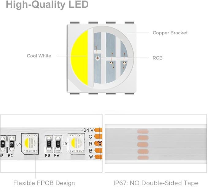 BTF-LIGHTING 5050 RGBW RGB+Cool White(6000K-7000K) 4 Colors in 1 LED Tape Light DC24V 5m 16.4ft 60LED/m Multi-Colored IP67 White 14mm PCB for Bedroom Kitchen Home Decoration(No Adapter or Controller)