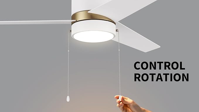 SMAAIR 52 Inch Ceiling Fans with Lights, LED Ceiling Fan with Pull Chain Control, Indoor Ceiling Fan with 3 Blades for Bedroom, Quiet AC Motors, Reversible, White/Gold