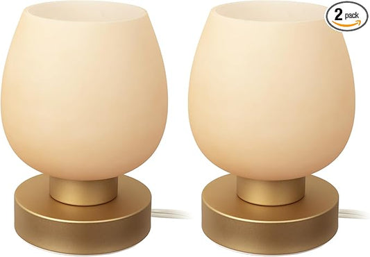 Touch Bedside Table Lamp Set of 2 - Small Modern Table Lamp for Bedroom Living Room Nightstand, 3-Way Dimable Desk lamp with Desert Titanium Color Glass Lamp Shade, 2700K LED Bulb, Simple Design