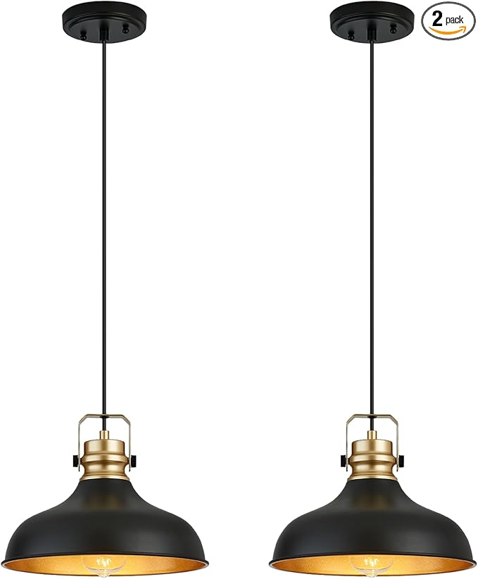 Black and Gold Farmhouse Pendant Lights Matte Pendant Lighting for Kitchen Island Industrial Adjustable Height Vintage Dome Hanging Light Fixtures for Barn, Dining Room 2 Packs
