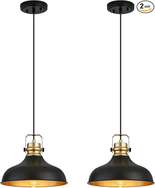 Black and Gold Farmhouse Pendant Lights Matte Pendant Lighting for Kitchen Island Industrial Adjustable Height Vintage Dome Hanging Light Fixtures for Barn, Dining Room 2 Packs