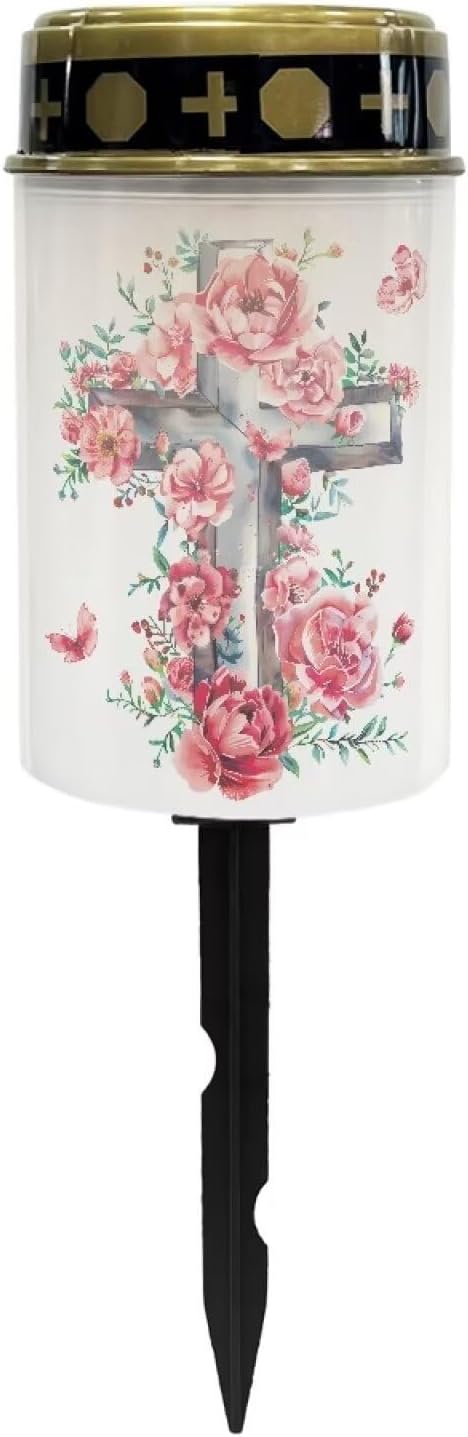 Light for Prayer Cemetery Solar Lights for Grave Cemetery Decor Candle Lamp Rose Cross Solar Powered Landscape Lights for Grave Memorial Gift Decor