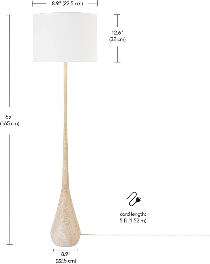 Globe Electric 65" Floor Lamp, Wood-Toned Finish, White Cotton Shade, Japandi Style, E26 Base, On/Off Rotary Switch, 5-Ft Cord, 52112