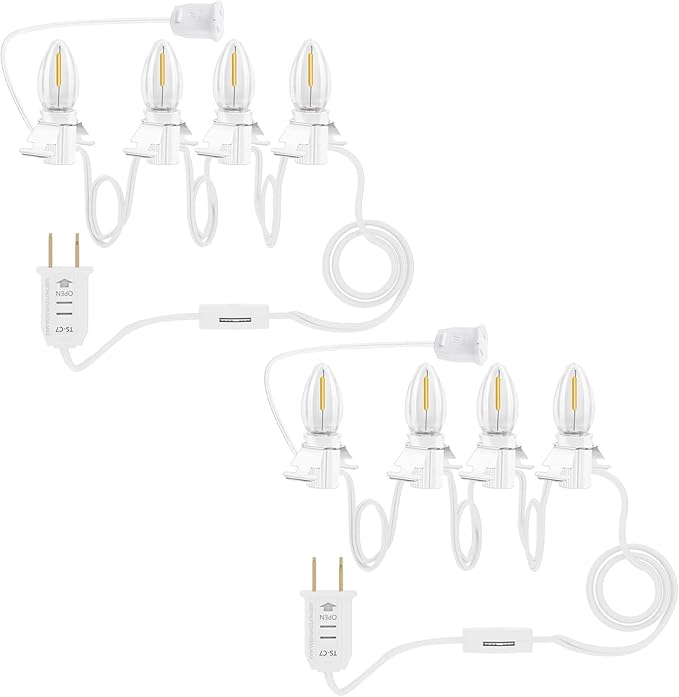 Accessory Cord with 4 LED Bulb and Female Plug,C7 Christmas Village String Light 7.8FT White Cord with Spare Fuse for Halloween Pumpkins Christmas Village Houses and Craft Decoration(2PCS)