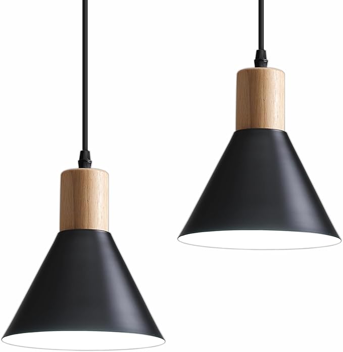 Pendant Lights, 3 Pack Solid Wood Ceiling Hanging Lamp, Modern Matte Black Pendant Lighting for Kitchen Over Island Dining Living Room Bedroom