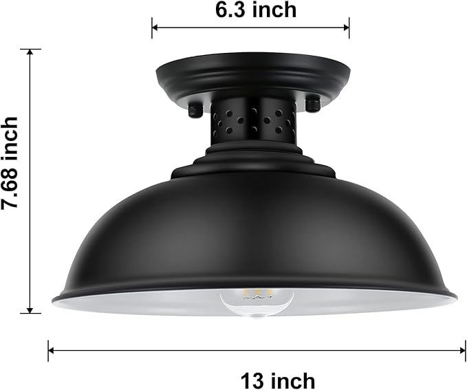 2PCS Semi Flush Mount Ceiling Light, Industrial Close to Ceiling Lighting Fixtures, Rustic Vintage Metal Black Ceiling Lamp for Kitchen Island Bedroom Hallway Farmhouse, 13in
