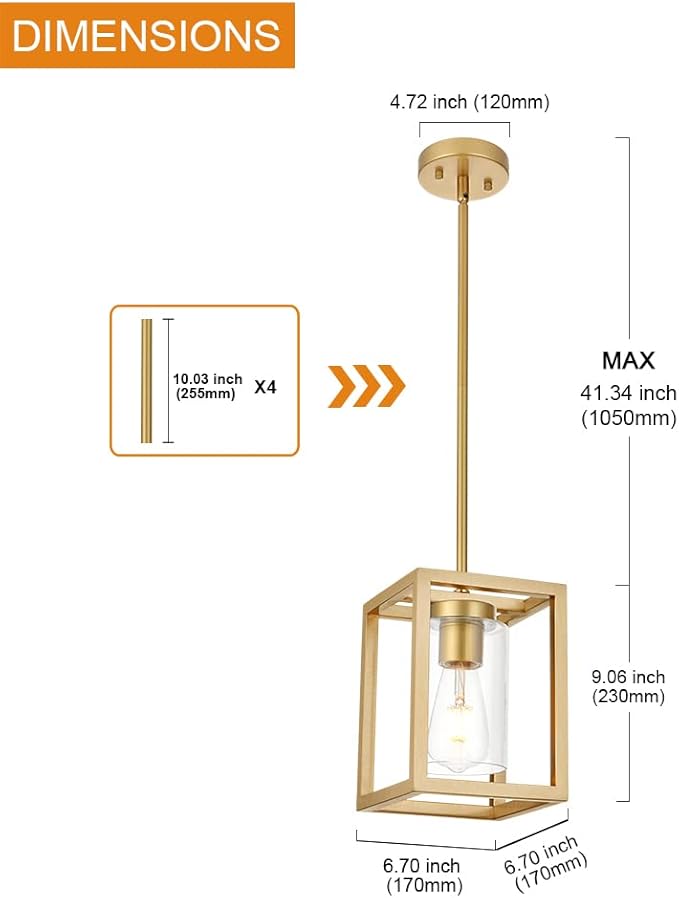 VINLUZ 1-Light Rustic Chandelier in Gold Finish Modern Industrial Pendant Lighting Fixture with Clear Glass Shade Hanging Ceiling Light for Dining Room