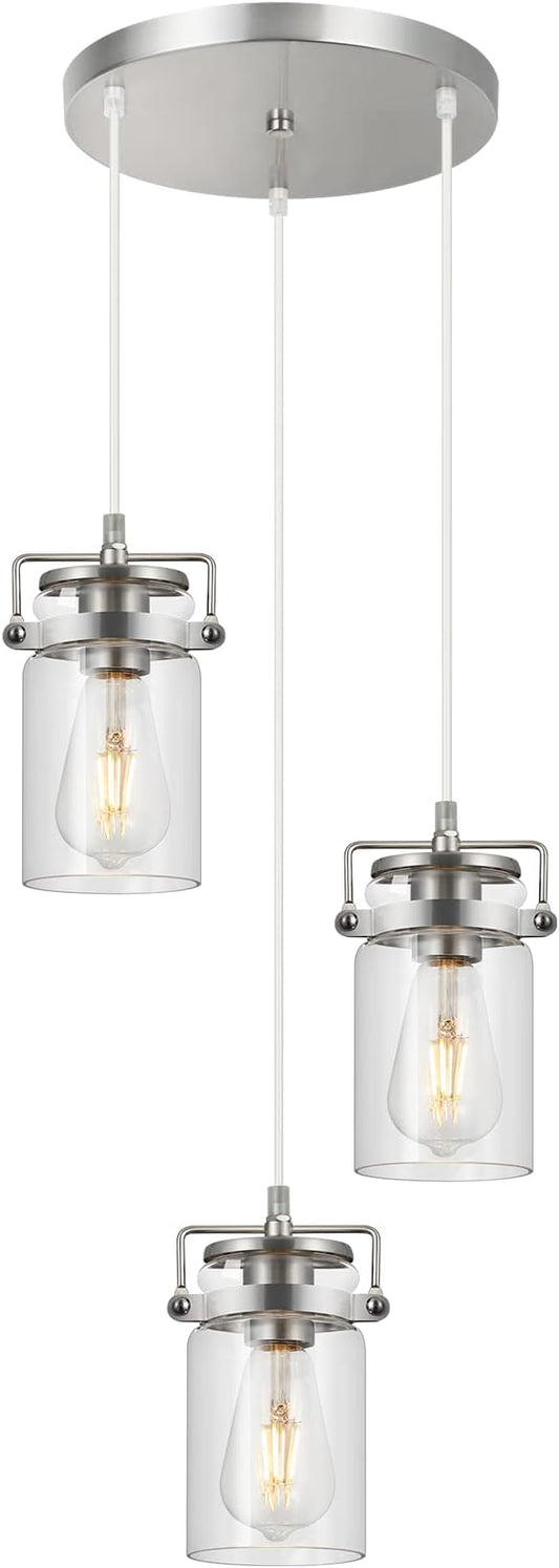 Pendant Lighting for Kitchen Island, Modern Glass Pendant Light Linear Chandelier for Dining Room Industrial 3 Light Hanging Light Fixture Adjustable Cord Farmhouse Ceiling Light Brushed Nickel Finish