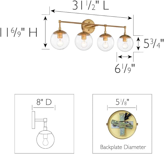 Design House Gracelyn 4-Light Dimmable Bathroom Vanity Light, Seeded Glass, Satin Gold, 31.52 in W x 8 in D x 11.45 in H, 589580