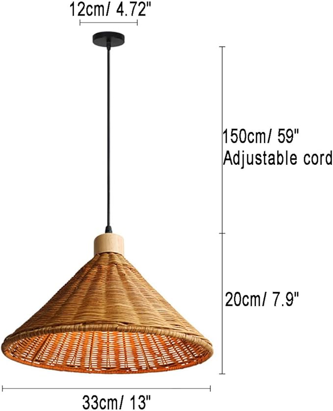 Hanging Light Fixture 13inch Bamboo Pendant Light Boho Hand-Woven Wicker Rattan Pendant Lamp Rustic Chandelier for Over Table Kitchen Island Farmhouse, 1-Light