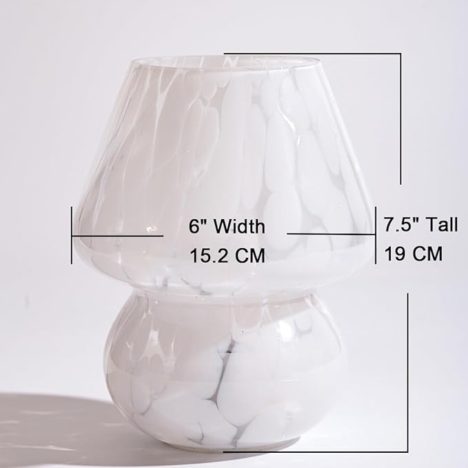Battery Operated Mushroom Lamp Cordless Lamp,Cute Glasss Mushroom Table Lamp Aesthetic,for Livingroom,Dining Room,Indoor Outdoor Murano Style,Buld Included (White with Dot)