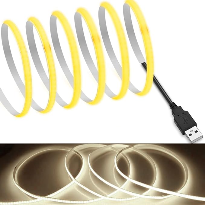 MDee】USB COB Tape Light LED Strip.9.84ft/3m- Flexible 5mm Hidden DC 5V LED Tape with 320 LEDs/m for Warm White (4000K) Lighting. Cuttable, Shapeable, USB Powered. Ideal for Kitchen